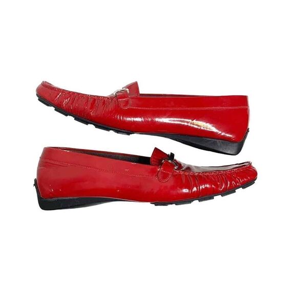 Vintage Stuart Weitzman Moccasins Loafers Patent Red Leather Silver Buckle 9.5 - Picture 3 of 11